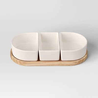 4pc Ceramic Sectioned Serving Bowl Set - Threshold: Set of Dip Bowls, Serveware, Rubberwood Tray, Hand Wash