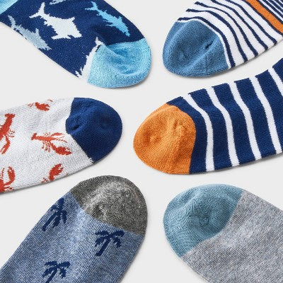 Boys' 7pk Lobster & Shark Striped No Show Socks - Cat & Jack Blue/Gray/White L