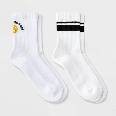 Women's "Mixed Emotions" Smiley Face Cushioned Ribbed 2pk Mid Crew Socks - White/Black/Yellow 4-10