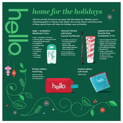 hello Holiday Home for the Holidays Fluoride-Free Toothpaste and Aluminum Free Deodorant Travel Toiletry Bag Kit - 5pc