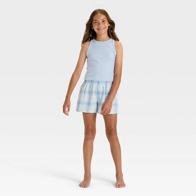 Girls' Plaid Boxer Pajama Shorts - art class Blue XL