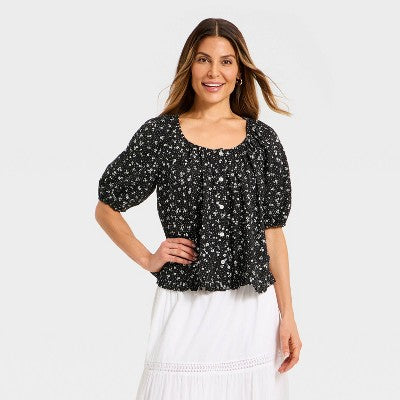 Women's Puff Short Sleeve Button-Up Peasant Top Black Floral XS