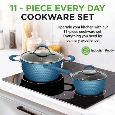 NutriChef 11-Piece Non-Stick Kitchen Cookware Set - Elegant Diamond Pattern, Ceramic Coated Pots & Pans (Blue) (LOCAL PICKUP ONLY)
