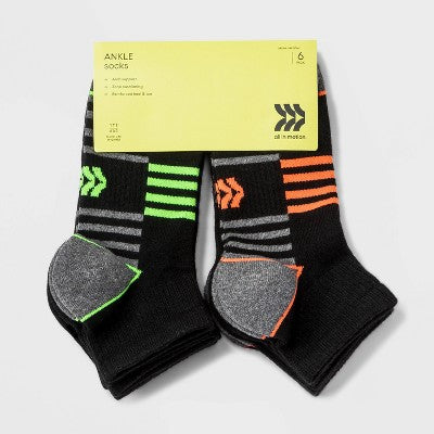 Kids' 6pk Ankle Socks - All In Motion Black L