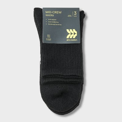 Men's 3pk Quarter Crew Socks - All In Motion Black 6-12: Recycled Polyester, Cushioned Heel & Toe