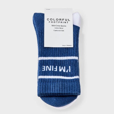 Women's "I'm Fine" Cushioned Ribbed 2pk Mid Crew Socks - Navy/White/Red 4-10