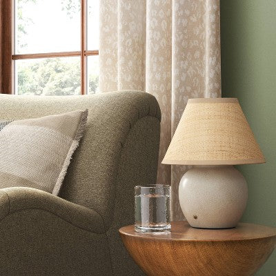13" Matte Ceramic with Raffia Shade Portable Table Lamp New Ivory - Threshold