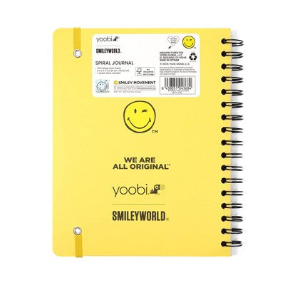 Yoobi SmileyWorld Journal 7"x9" Spiral with Elastic Band Yellow Smiley Trio, School Supplies