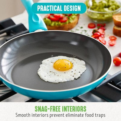 GreenLife Essentials 2pk (8" and 10") Ceramic Nonstick Aluminum Fry Pan Set Caribbean Blue: Cookware Set, Dishwasher-Safe