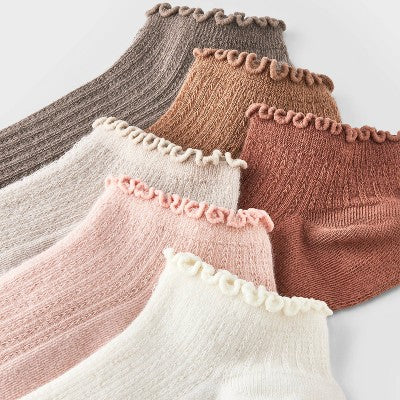Women's Pointelle Lettuce Edge 6pk Low Cut Socks - A New Day Ivory/Peach/Brown 4-10: Recycled Polyester, Ruffle Trim, Tagless
