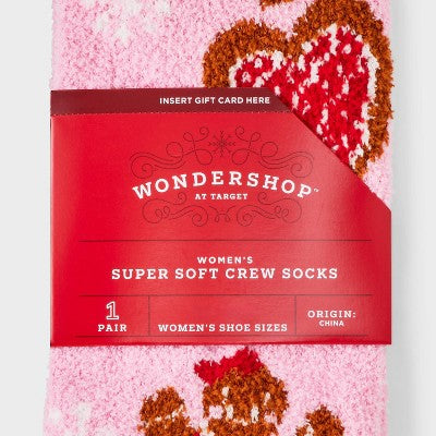 Women's 'Baking Spirits Bright' Gingerbread Cozy Christmas Crew Socks with Gift Card Holder - Wondershop Pink 4-10