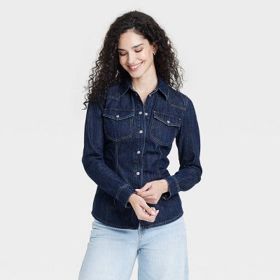 Women's Slim Fit Tailored Western Denim Shirt Dark Wash 4