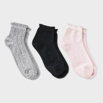 Women's Pointelle 3pk Ankle Socks with Scallop Cuff - Auden Pink/Black/Heather Gray 4-10: Midweight Knit, Rib Cuffs, Ruffle Trim