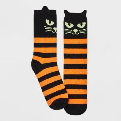 Women's Black Cat with Glow-in-the-Dark Eyes Halloween Crew Socks - Hyde & EEK! Boutique Black/Orange 4-10