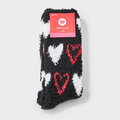 Women's Outlined Hearts Cozy Valentine's Day Crew Socks - Black/White/Red 4-10