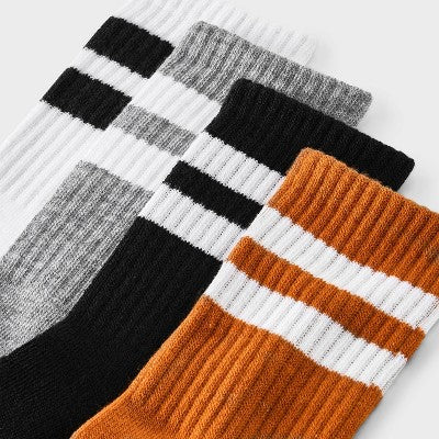 Boys' 4pk Striped Crew Socks - Cat & Jack Neutral M: Midweight Knit, Rib Cuffs, Multicolor Stripes