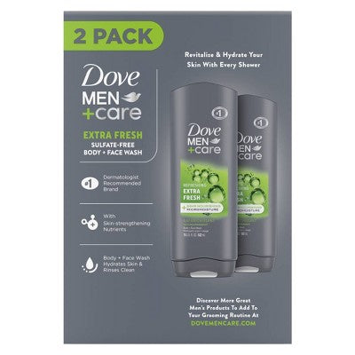 Dove Men+Care Extra Fresh Sulfate-Free Refreshing Body and Face Wash - 18 fl oz/2ct: Vegan, Gel Form, Normal to Mature Skin, Hydrating
