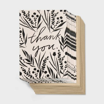 24ct Black/White Floral Thank You Notes Card Set with Envelopes Blank Inside - Spritz