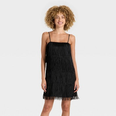 Women's Sleeveless Fringe Mini Dress - A New Day Black XL