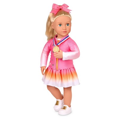 Our Generation Indy 18" Doll & Gymnastics Accessory Set: Blonde Hair, Blue Eyes, Sports Theme, No Articulation