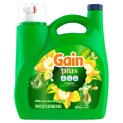Gain Original Plus Liquid Laundry Detergents 129 Loads - 170oz: Cold Water Detergent, Deep Cleaning, Spill-Resistant Lid