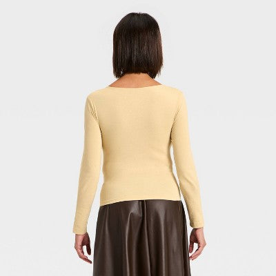 Women's Sculpt Long Sleeve V-Neck Top - A New Day Tan XL