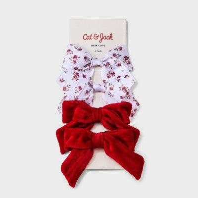 Girls' 4pk Holiday Floral & Velvet Bow Clip Set - Cat & Jack Red