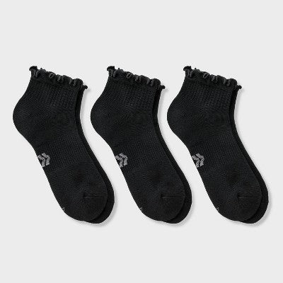 Women's Cushioned Ruffle 3pk Ankle Socks - All In Motion Black 4-10: Arch Support, Knit Fabric