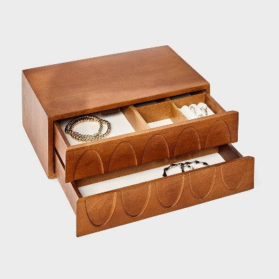 Two Drawer Wooden Mid-Century Modern Jewelry Organizer - A New Day Brown