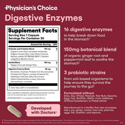 Physician's Choice Digestive Enzyme Probiotic Capsules - 30ct: 2 Billion CFUs, Probiotic and Prebiotic Blends