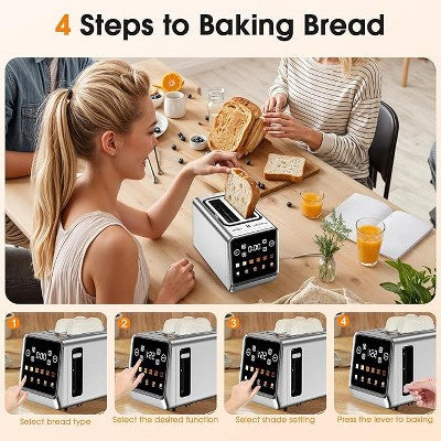 Teendow 900W Stainless Steel 2-Slice Digital Toaster with Touchscreen, Extra-Wide Slots, 5 Bread Settings & 6 Shade Options