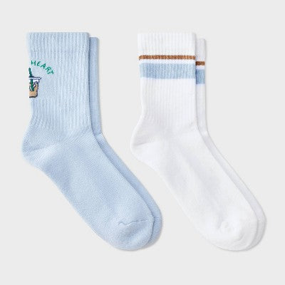 Women's "Cold Heart" Iced Coffee Cushioned Ribbed 2pk Mid Crew Socks - Blue/White 4-10