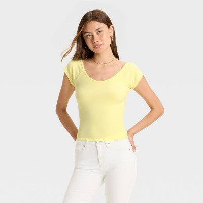 Women's Short Sleeve Double V-Neck Ribbed T-Shirt Lemon Yellow XL