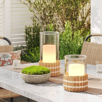8.5"x6.3" Pillar Glass and Rattan Lantern Candle Holders Brown - Threshold designed with Studio McGee