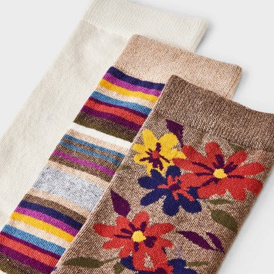 Women's Floral & Striped 3pk Crew Socks - A New Day Dark Brown Heather/Ivory 4-10