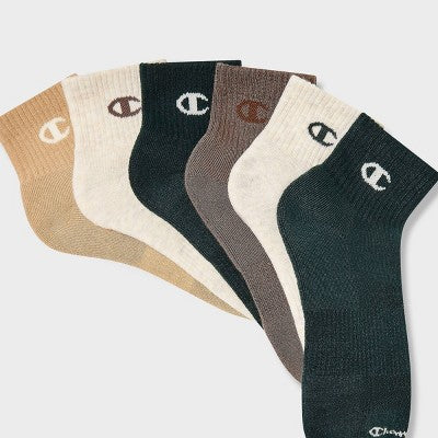 Champion Iconic Essentials Men's 6pk Cushion Quarter Socks - Green/Cream/Tan 6-12