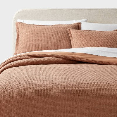 Twin/Twin Extra Long Washed Waffle Weave Duvet Cover and Sham Set Camel - Threshold: Cotton, OEKO-TEX Certified, Button Closure