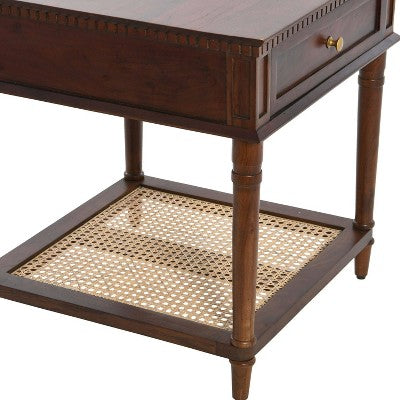 Storied Home Maxwelton Solid Wood End Accent Table Dark Chestnut/Natural: Traditional Style, Cane Shelf, Hidden Compartment (LOCAL PICKUP ONLY)