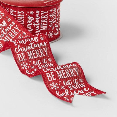 2.5" Faux Linen Winter Sayings Ribbon Red/White 21ft - Wondershop