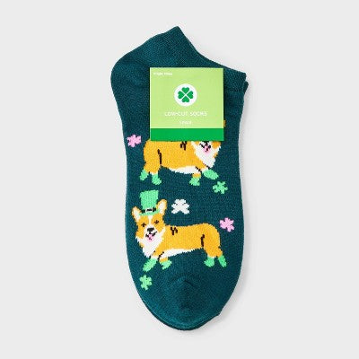 Women's Corgi Leprechaun St. Patrick's Day Low Cut Socks - Green 4-10: Recycled Polyester Knit, Banded Cuff