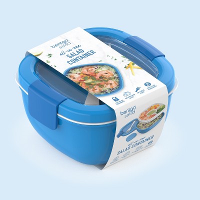 Bentgo Salad Stackable Lunch Container with Large 54oz Bowl, 4-Compartment Tray & Built-In Fork - Blue
