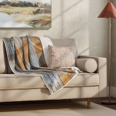 Plaid Printed Plush Throw Blanket with Faux Shearling Reverse - Threshold