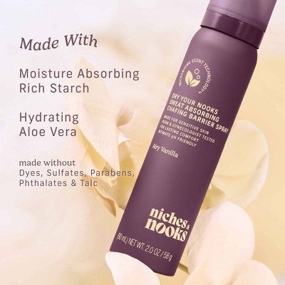 Niches & Nooks, Sweat Absorbing Intimate pH Balanced Chafing Barrier Feminine Spray - Airy Vanilla - 2oz