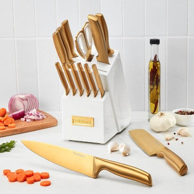 Cuisinart Classic 15pc Gold PVD Stainless Steel Cutlery Block Set White: Forged Knife Set with Comfort-Grip Handle (LOCAL PICKUP ONLY)