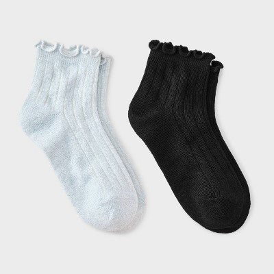 Girls' 2pk Sparkle Dressy Ankle Socks - Cat & Jack White/Black L