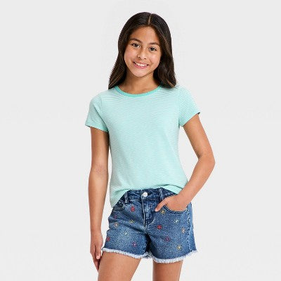 Girls' Short Sleeve Striped T-Shirt - Cat & Jack Aqua Green XL Plus