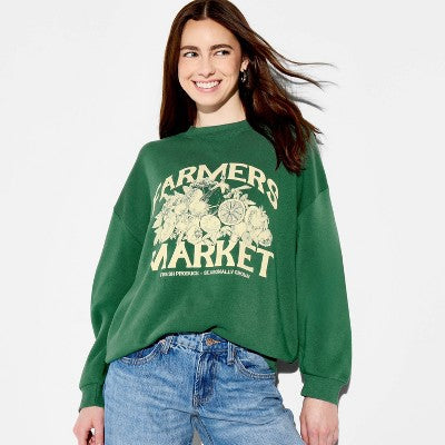 Women's Crewneck Farmers Market Graphic Pullover Sweatshirt - Fern Green M