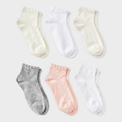 Girls' 6pk Pointelle Scallop Edge Ankle Dress Socks - Cat & Jack M