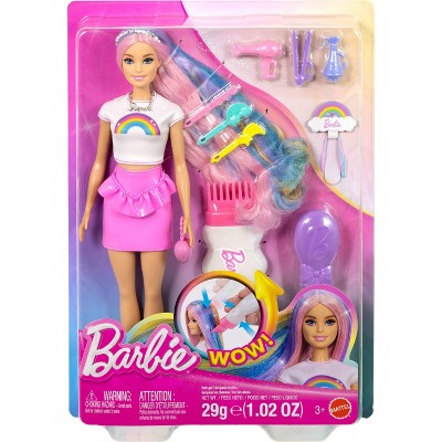 Barbie Rainbow Sparkle Hair Fashion Doll with Extra-Long Hair, Pink Lipstick and 12 Styling Accessories