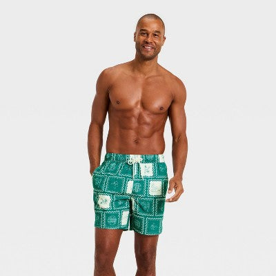 Men's 7'' Patterned Swim Trunks - Goodfellow & Co Green Tile XXL